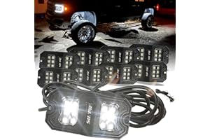 SUNPIE 8 Pods White Rock Lights – Quick Connect, 18 Wide-Angle Chips, 4M Extension Wires, 6000K Pure White, IP67 Waterproof, Fits Trucks, SUV, ATV, UTV, Trailer