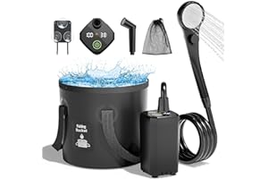Moriko Portable Camping Shower, 6000mAh Rechargeable Shower Pump, Filtered Shower Head & 5 Gallons Foldable Bucket, Outdoor Shower for Hiking Beach, Travel, Pet Bath, Car Washing, Surf & Boat Cleaning