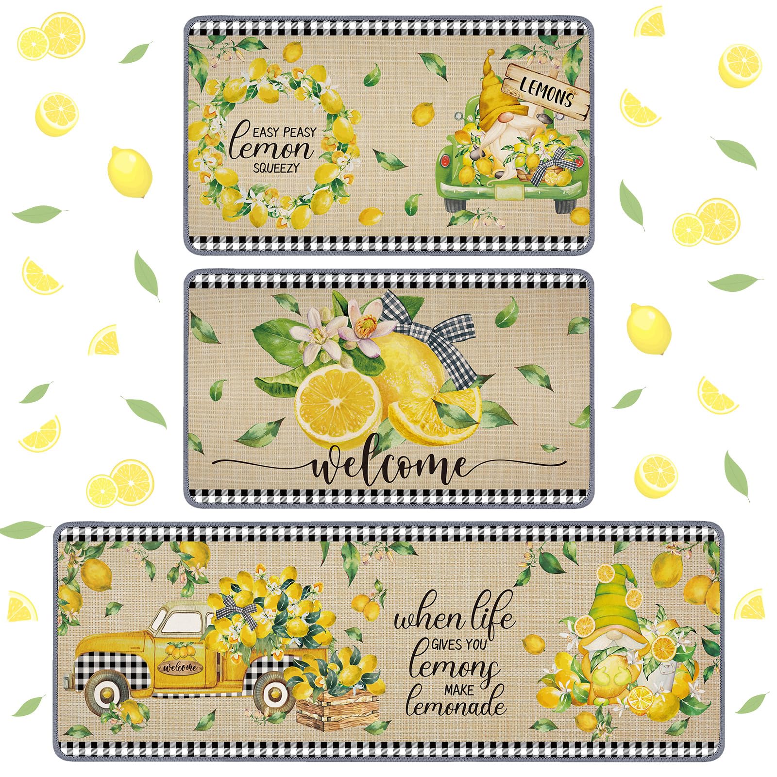 Photo 1 of Timgle 3 Pcs Lemon Kitchen Rugs Gnomes Rug Retro Style Non Slip Kitchen Print Standing Mat Washable Floor Comfortable Mat for Home Office Sink 17 x 29 Inch 17 x 47 Inch