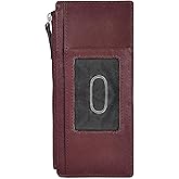 Leatherboss Genuine Leather Women's All in One Credit Business Card Case Holder Slim Zipper Wallet With a Card Protection Strap, Wine