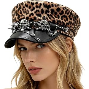 Leopard Print Punk Newsboy Hat for Women, Gothic Skull Studded Cadet Cap, Retro Y2K Baker Boy Hat Flat Top Military Style Hat