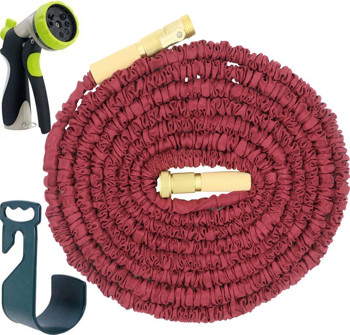 FTLIFE Flexible Lightweight Expandable Garden Hose 50 Feet Double Layer Latex Core Brass Fitting Lead Free,Spray Nozzle Hose Hanger Gardening Gloves Included,Red
