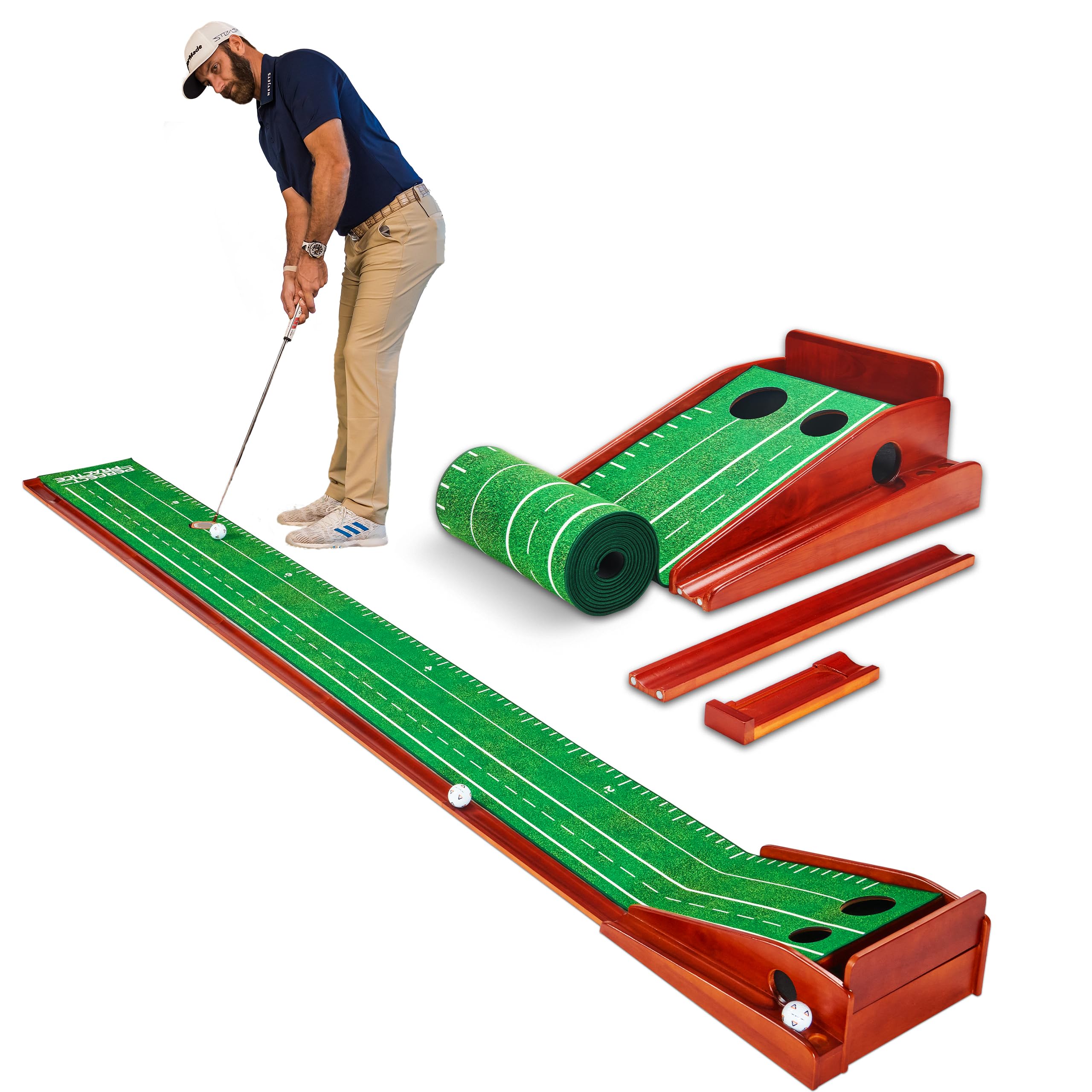 Photo 1 of Perfect Practice 2-Hole Golf Putting Mat - 9.5ft Portable Putting Green, Indoor & Outdoor Practice, with Ball Return - Golf Training Aid for Home, Office, Backyard - Golfing Gifts for Men