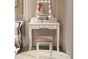 DESUNNY Vanity with Lights Makeup Vanity with Lights and 5 Drawers Vanity Desk with Mirror and Lights 360 Rotation Vanity Table with Lights Vanity with Lighted Mirror Vanity Table Vanity Set(White)