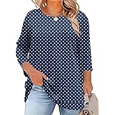 LOMON Womens Plus Size Tops 3/4 Length Sleeve Blouses Crew Neck Business Casual Tunic Tops with Asymmetrical Hem 1X-5X