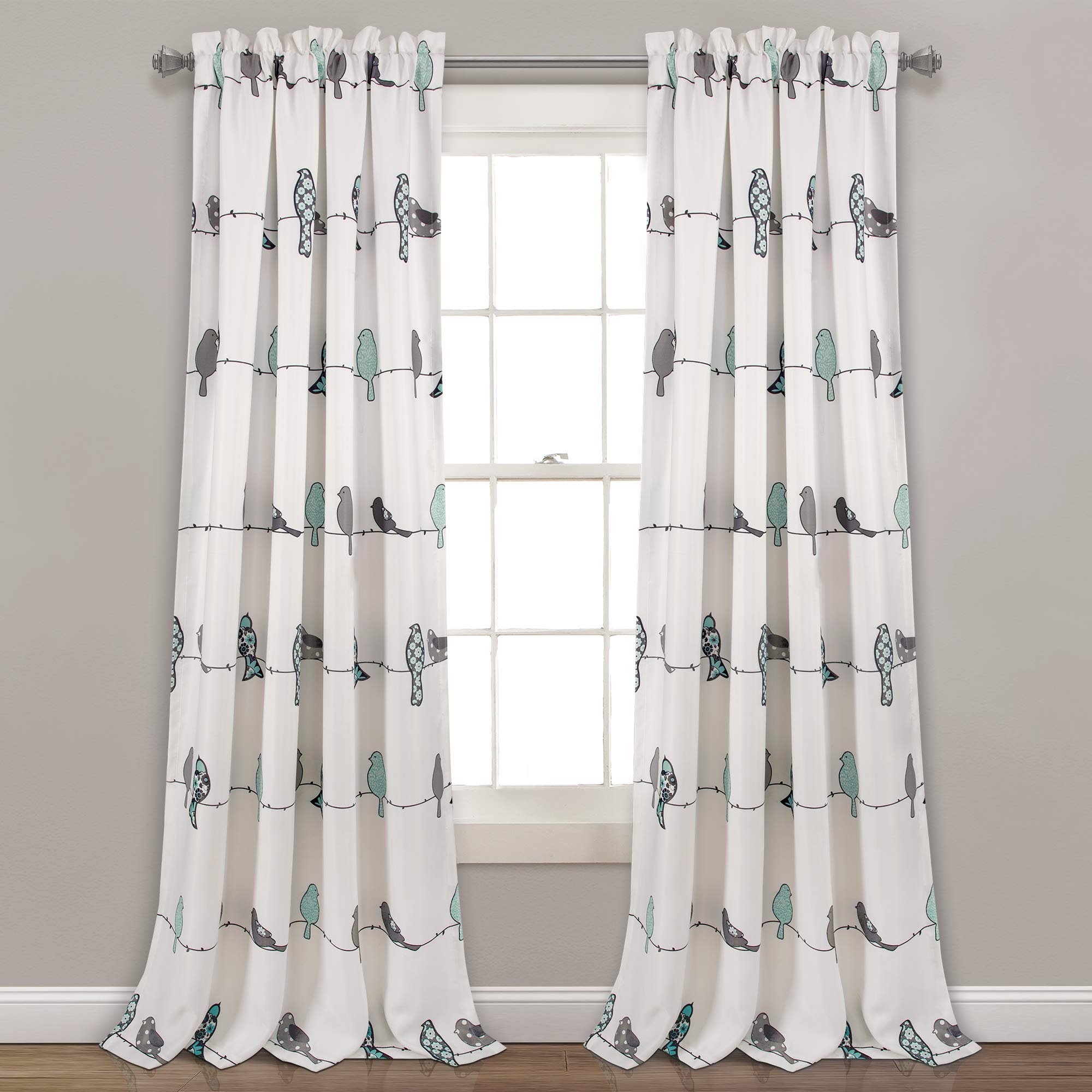 Lush Decor Rowley Birds Vorhänge, verdunkelndes Fensterpaneel-Set für Wohnzimmer, Esszimmer, Schlafzimmer (Paar), 132 x 240 cm, Blau und Grau