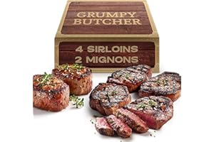 DEN'S HOT DOGS Grumpy Butcher 6 Steaks Supreme Sampler Gift Box – 4 Top Sirloin & 2 Large Filet Mignon Steak Grass Fed – Organic Steak, Grassfed, Beef Tenderloin & Filet Gift Basket – Premium Lean Steaks Meat Set