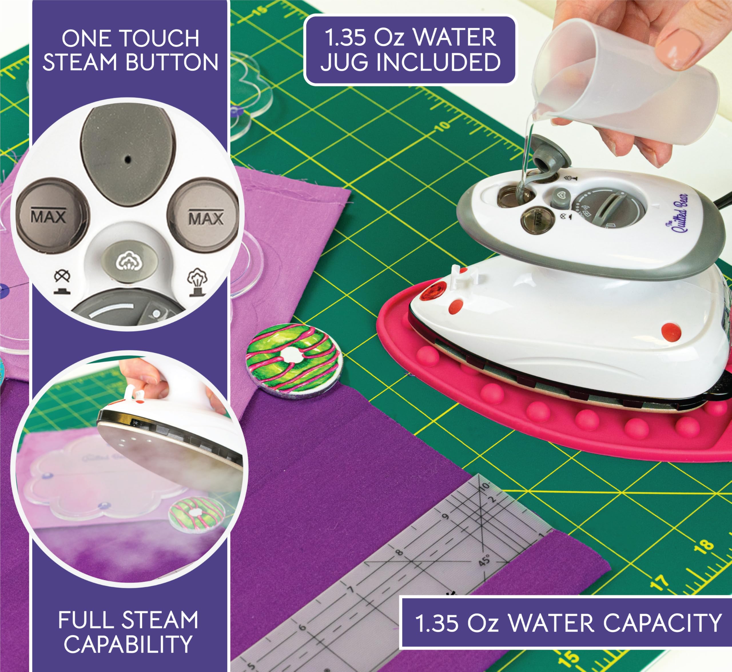 The Quilted Bear Mini Iron - Lightweight Mini Steam Iron with Ceramic Sole Base Plate & Temperature Gauge For Use As A Craft Iron or Travel Iron Steamer (Black Case)