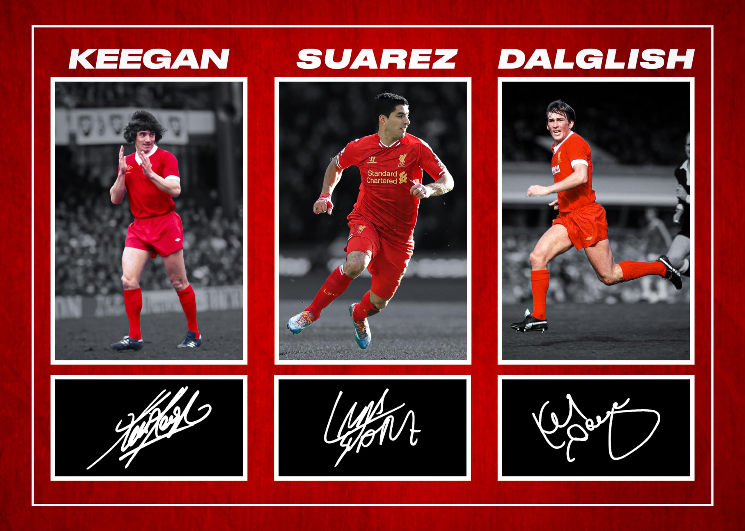 RJR PRINTS Kevin Keegan, Luis Suarez & Kenny Dalglish - Liverpool No.7 Legends Signed A4 Montage Photo Print With Pre Printed Signature Autograph Football Gift
