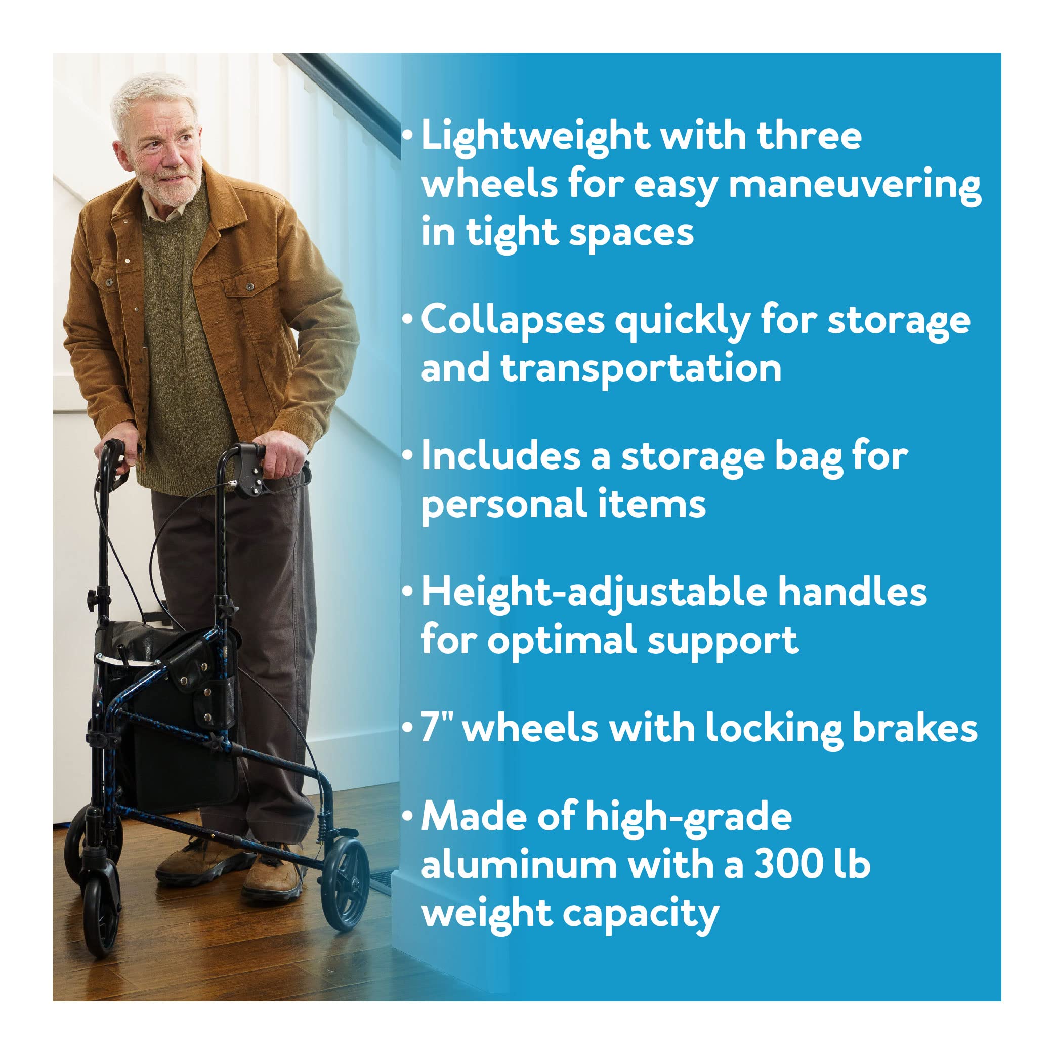 Carex 3 Wheel Walker for Seniors, Foldable, Rollator Walker with Three Wheels, Three Wheel Rolling Walker Height Adjustable for Seniors, Blue, Trio, Folding