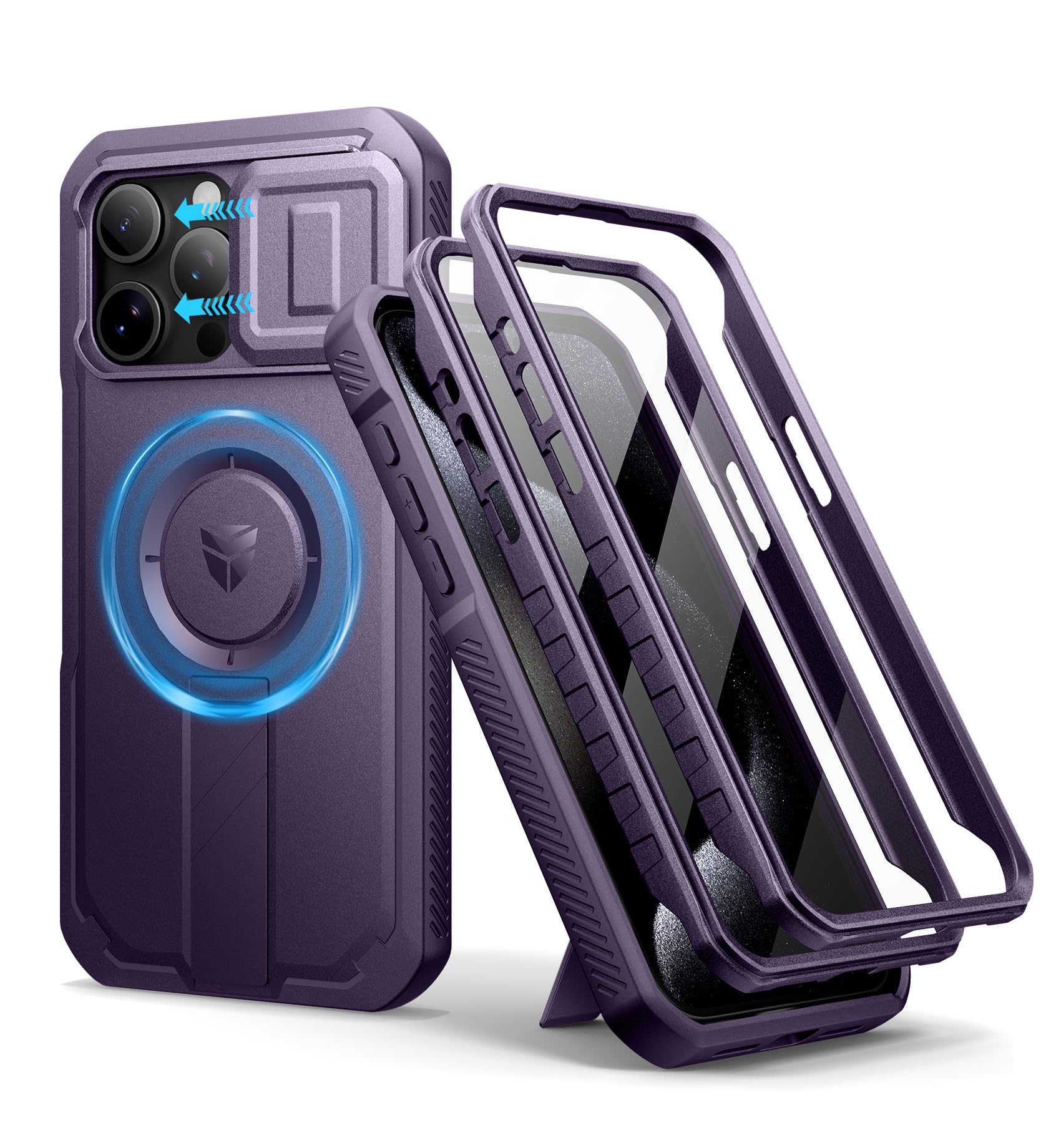 Dexnor for iPhone 15 Pro Max Magnetic Case With Slide Camera Cover & Adjustable Kickstand & Built-in Screen Protector, Rugged Shockproof Bumper Cases Heavy-duty Cover - Phantom Purple