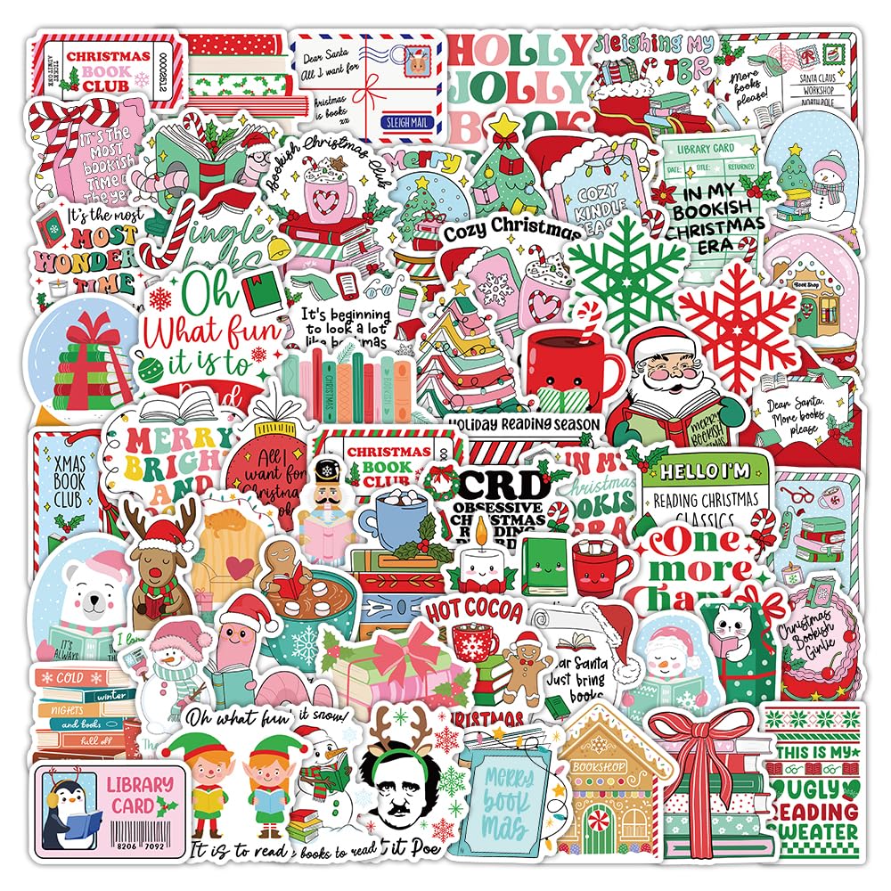 Photo 1 of 107Pcs Christmas Bookish Stickers Pack, Xmas Waterproof Vinyl Holiday Decals for Kindle, Water Bottles, Laptop, Cards, Scrapbook, Journal, Reading Gifts, Book Lover Gifts, Christmas Party Favors