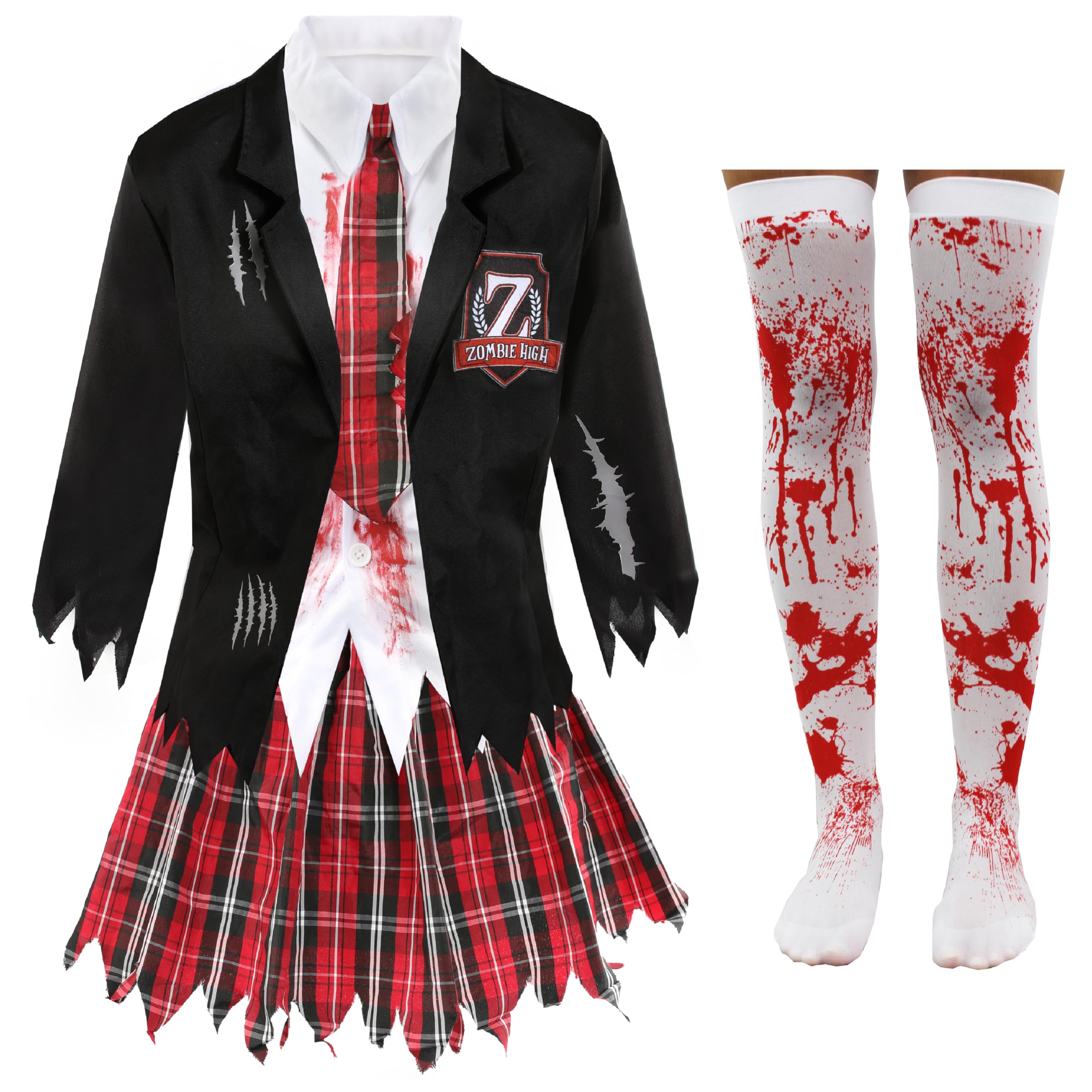 I LOVE FANCY DRESS Ladies Halloween Zombie Schoolgirl Costume - Black and Tartan Bloodstained School Uniform with Tattered Edges