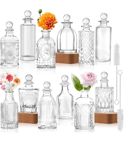 Glass Vase Bud Vases in Bulk Set of 12, with 8 Glass Stoppers