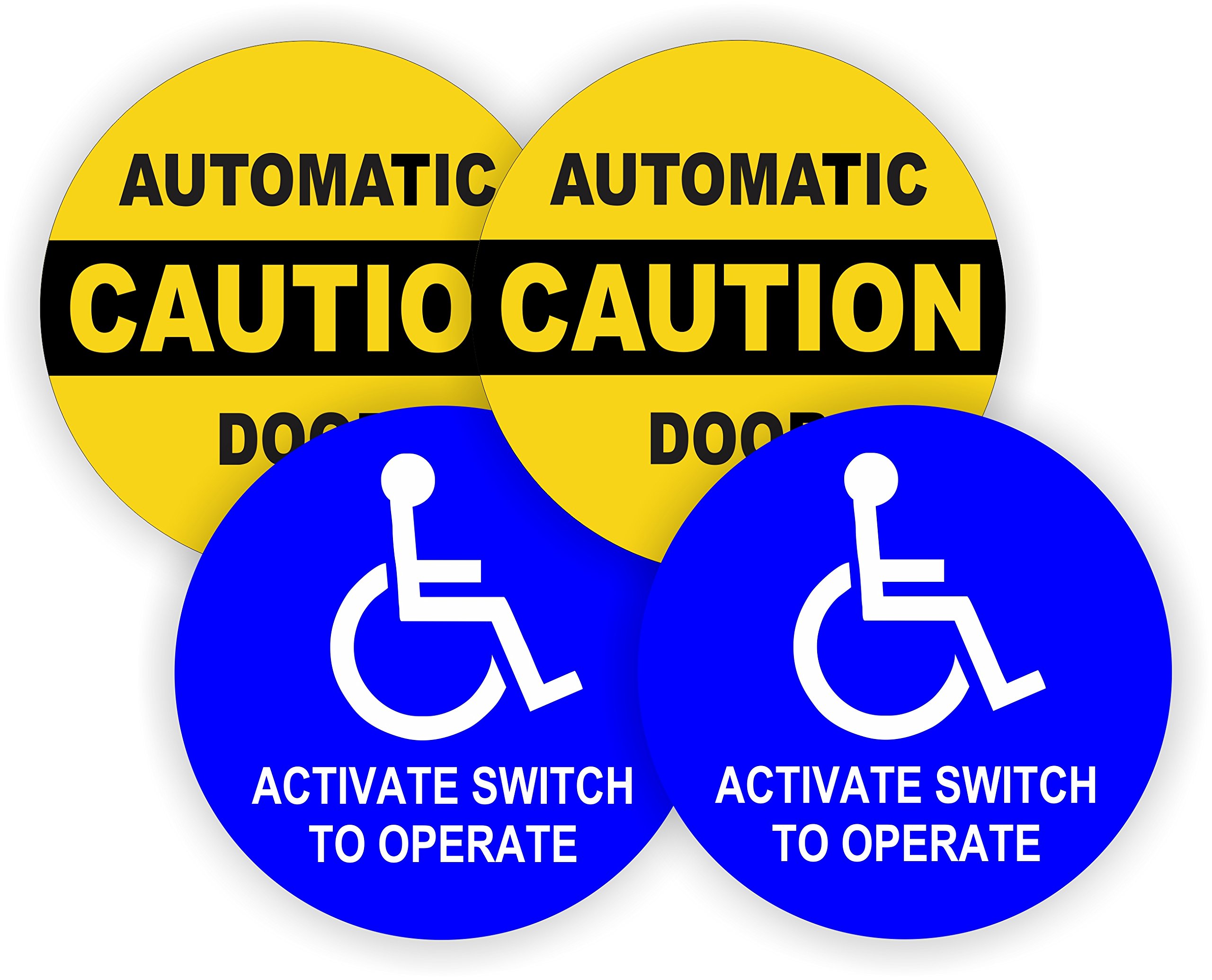 Photo 1 of (2-Pair) 5-inch Round CAUTION AUTOMATIC DOOR - ACTIVATE SWITCH TO OPERATE Decals | Weatherproof Vinyl Stickers | Glass Entry Labels Small Business Office Handicap Entrance Exit Compliance