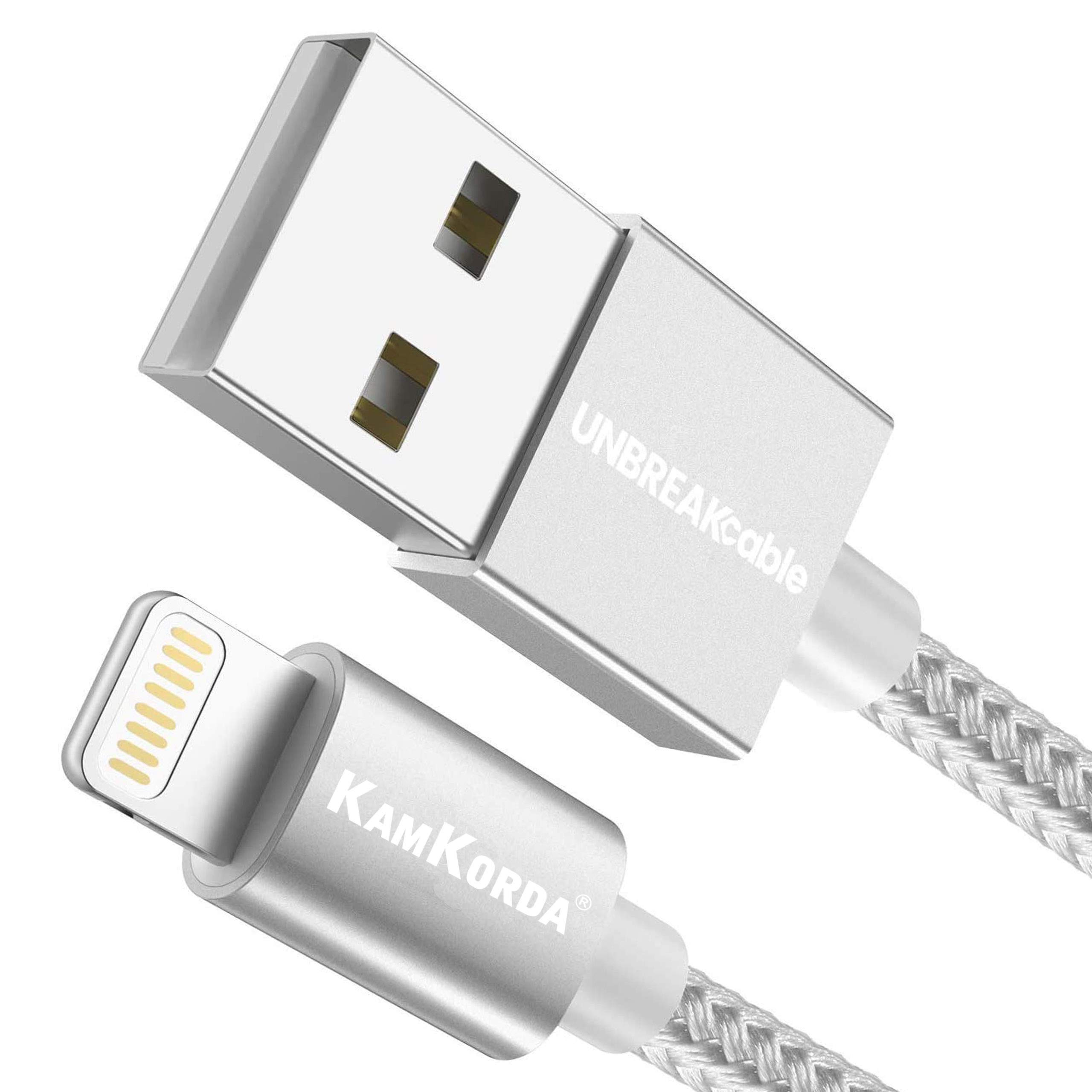KamKorda USB to Lightning Cable 1m [MFI Certified] | Durable Nylon Braided iPhone Charger Cable | Fast Charging Lead for iPhone 14, 13, 12, 11, XS, XR, X, 8, 7, 6, SE, iPad & iPod - Silver White