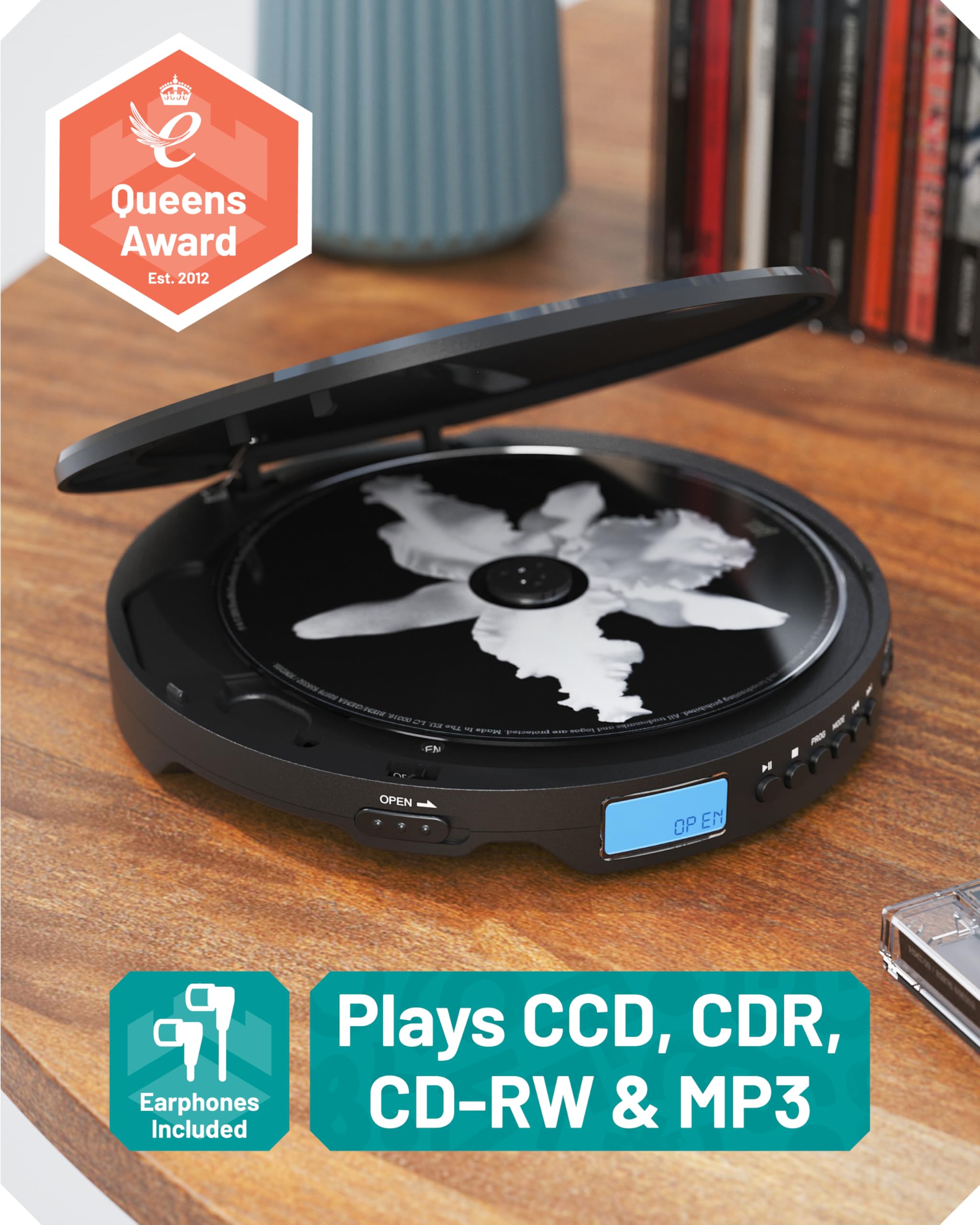 Personal CD Player | Portable Music Player with Included in-Line Control Earphones | 7 Hour Battery Playtime, in-Car AUX Compatibility | Bass Boost, Hold Lock and Anti-Skip Function | OAKCASTLE CD10