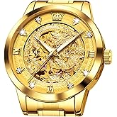 OLEVS Dragon Skeleton Mens Automatic Watch 42MM Large Dial Gold Luxury Self-Winding Diamond Waterproof Stainless Steel Business Tourbillon Mechanical Watches