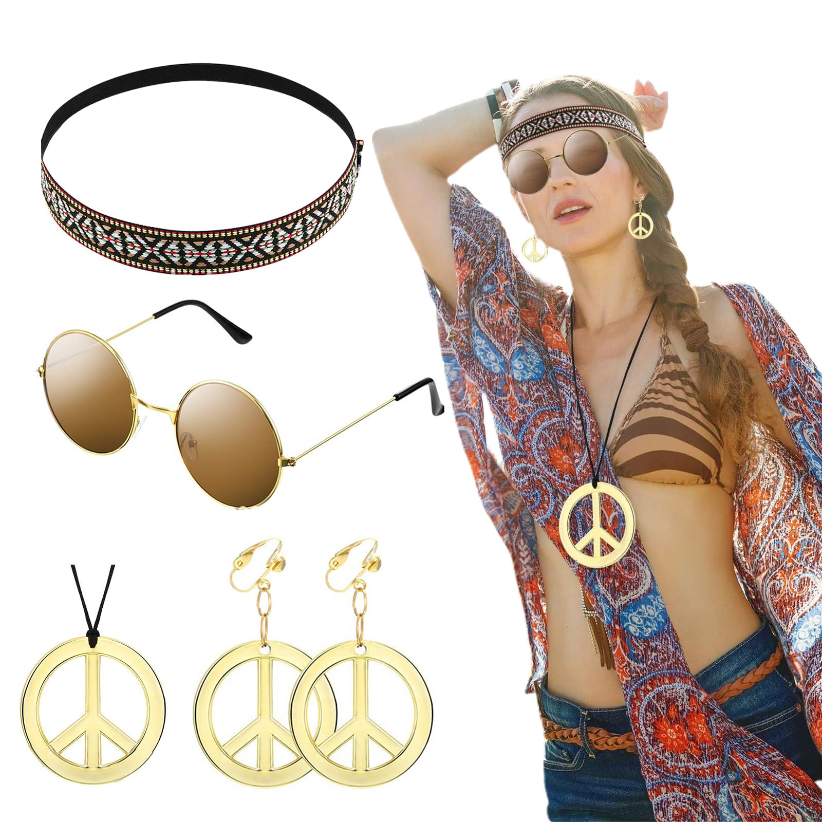 Hippy women's suit, disco party dress up including sunglasses, peace sign necklace and peace sign earrings, bohemian headband, 60's 70's party dress up