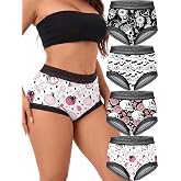Morvia 4pcs Briefs Panties for Women Pack Lace Waistband Skull Underwear | High Waist Full Hip Wrap Cotton Crotch Black Lace Trim Briefs, Gothic Punk Soft Stretchy Panties, No Ride Up Hipsters S-XXL