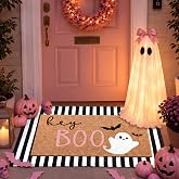 Duraaamo 2 Pcs Halloween Door Mat Outdoor, Ghost Pink Boo Style, Non Slip | Halloween Coir Welcome Mat, Black White Stripe Outdoor Rug, Halloween Front Porch Entryway Decor, 16'' x 28'', 24'' x 35''