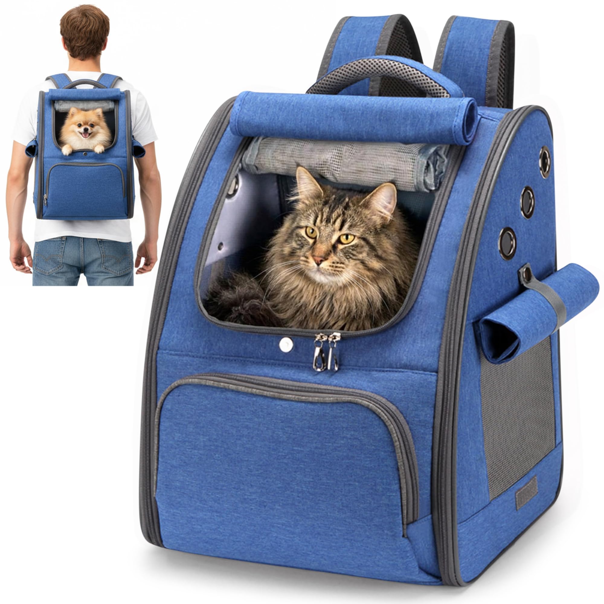 ALLSOPETS Cat Carrier Backpack, Foldable Breathable Pet Carrier Bag with Sunshade Design for Cats and Small Dogs for Travel, Vet Visits, Outdoor Walks (Royal Blue)