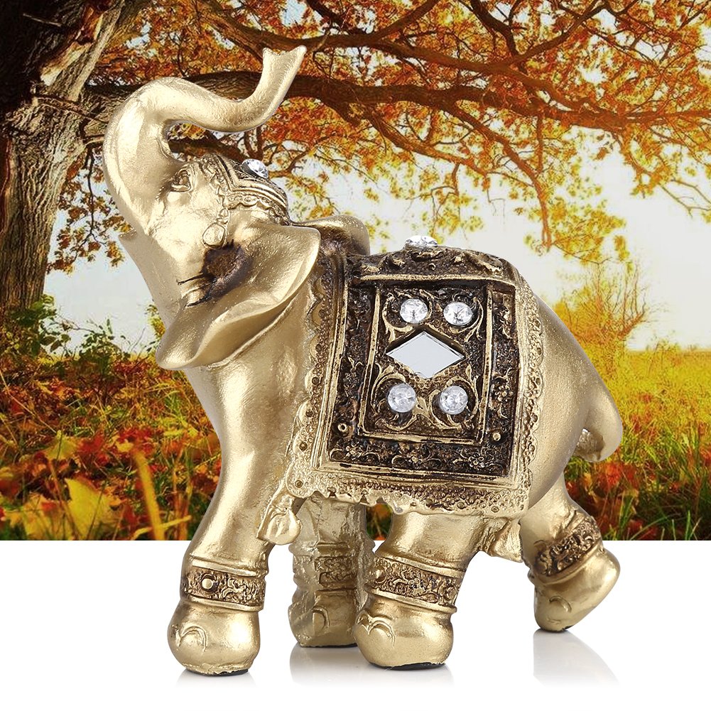 Zerodis Elephant Statue, Gold Color Elegant Elephant Ornament Wealth Lucky Elephant Figurine With Trunk Raised Home Office Decor Birthday Congratulatory House Warming Gift(S)
