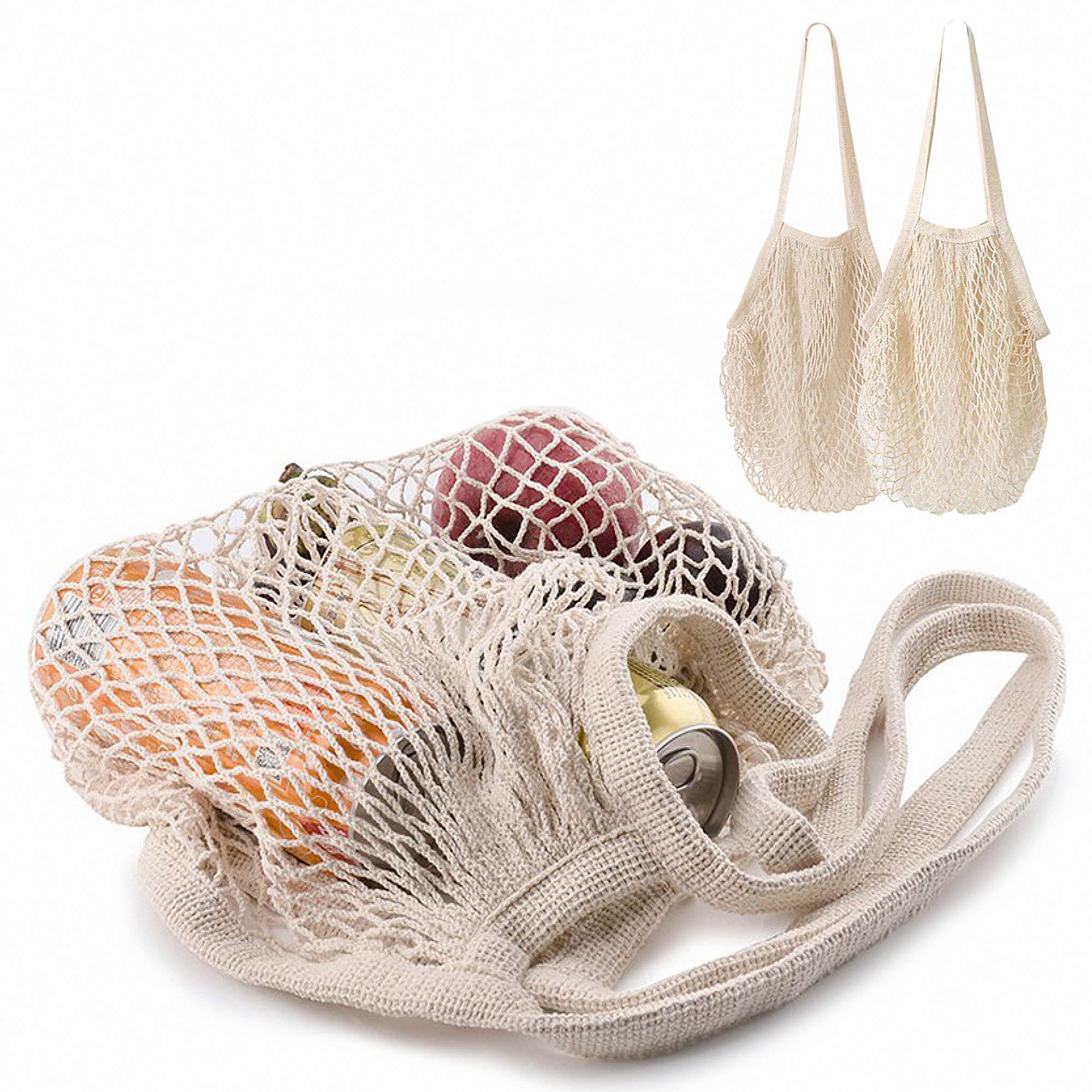 Photo 1 of MERCURHOUSE 2 pack Cotton String Shopping Bags Reusable Washable Grocery Mesh Bags Organizer for Grocery Shopping Produce Net Bags with Longhandle for Fruit Vegetable Storage