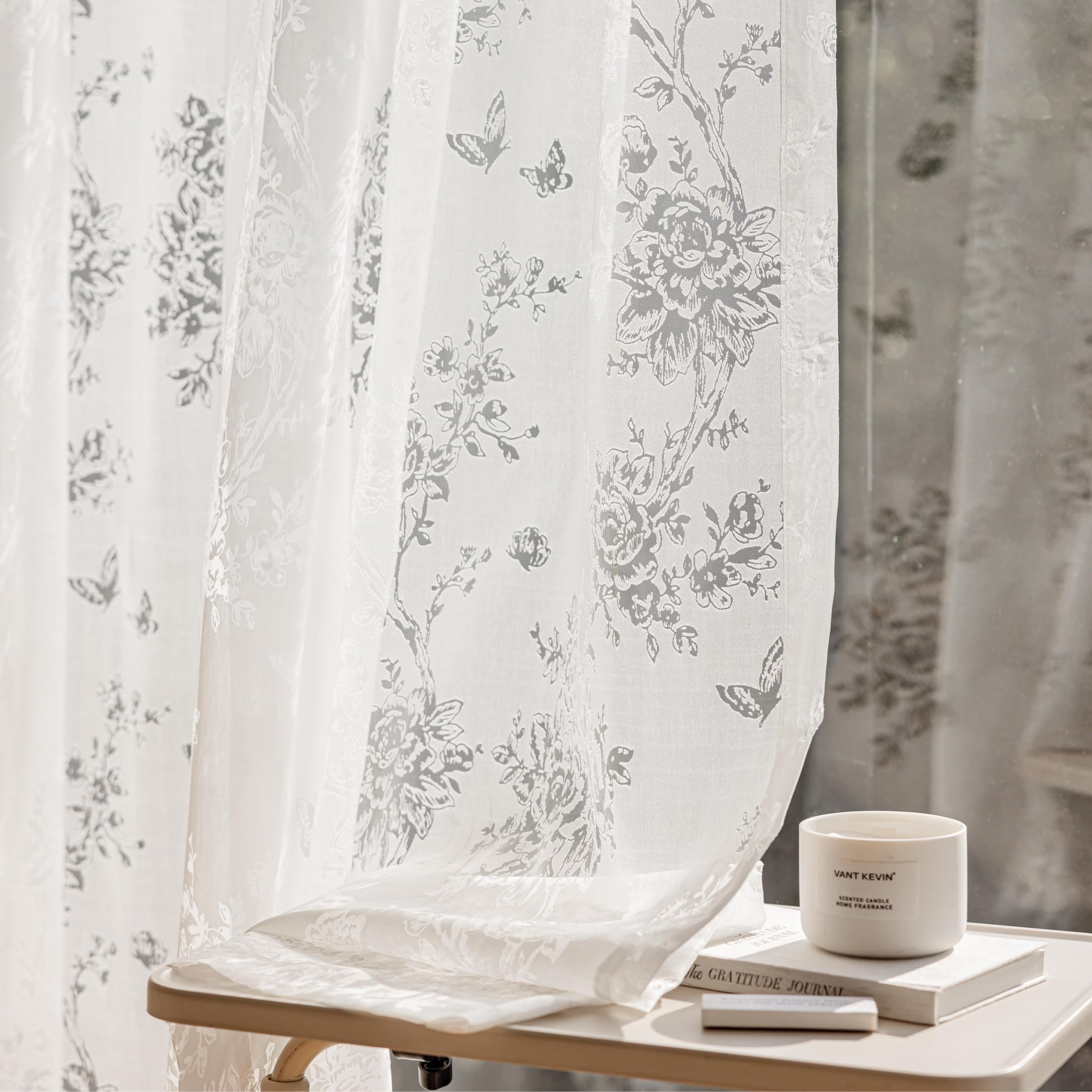 Anmao Hollow Floral Sheer Curtains for Living Room 108 Inch Length 2 Panels Set, Light Filtering Semi Sheer Window Curtain Drapes for Bedroom with Grommet, 55 Inch Wide Each Panel, White