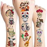 96 PCS Day of The Dead Dia De Los Muertos Pre-cut Temporary Tattoos | Sticker Birthday Decorations Halloween Festival Mexican Sugar Skull Puppy Black Carnival Themed Party Favors Supplies