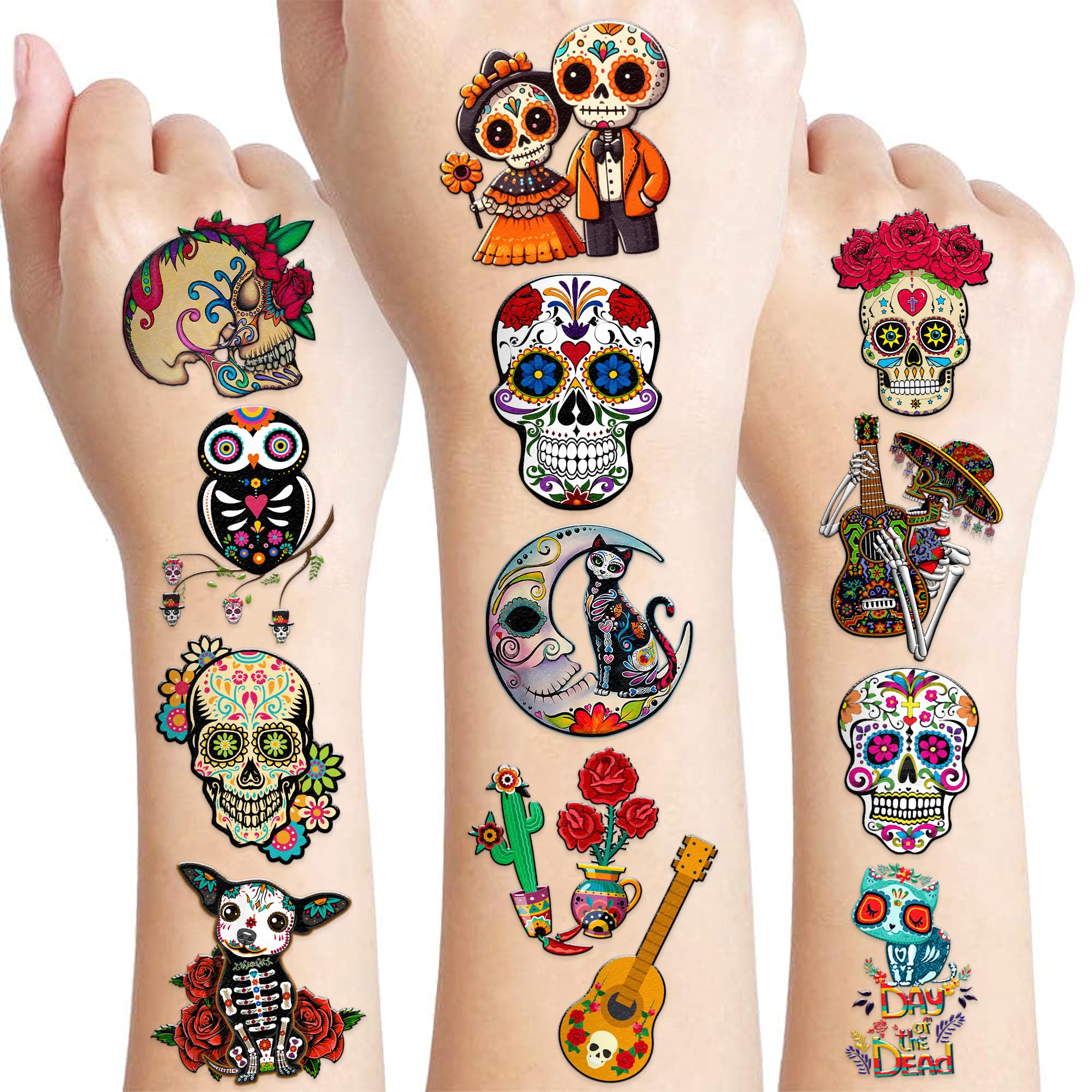 Photo 1 of 96 PCS Day of The Dead Dia De Los Muertos Pre-cut Temporary Tattoos Sticker Birthday Decorations Halloween Festival Mexican Sugar Skull Puppy Black Carnival Themed Party Favors Supplies Cute Boy Gifts