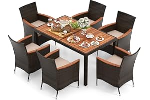 Toolsempire 7-Piece Outdoor Wicker Dining Set with Umbrella Hole, Patio Dining Furniture with Acacia Wood Table and Chairs, for Garden, Backyard, Desk & Poolside (Brown)