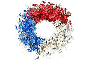 Sggvecsy 21Inch 4th of July Patriotic Day Wreath Artificial Floral Wreath with Daisy Red Blue White Foam Flower Wreath Patriotic Decorations for Front Door Memorial Day Independence Day Veterans Day