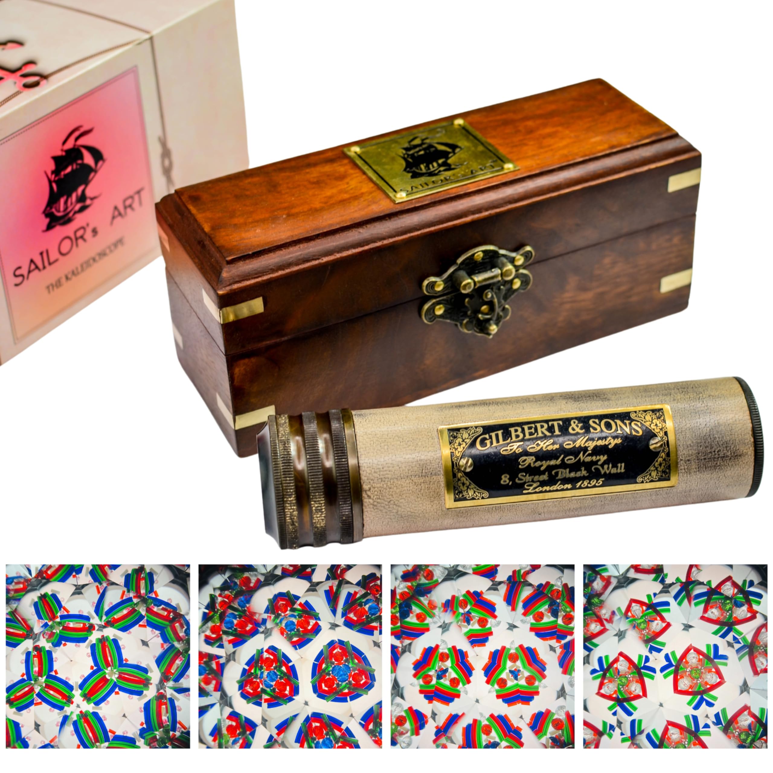 SAILOR'S ART Handmade Brass Kaleidoscope with Wooden Box - Vintage Look - Antique Finish - Kaleidoscope for Friends Family - 3D Mirror Lens (Style 1)