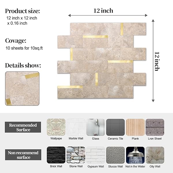 OYASIMI 20 SHEET PEEL AND STICK BACKSPLASH TILE,BEIGE STONE MIXED METAL PVC MIXED METAL STICK ON BACKSPLASH WALL TILES FOR KITCHEN, BATHROOM, LAUNDRY ROOM