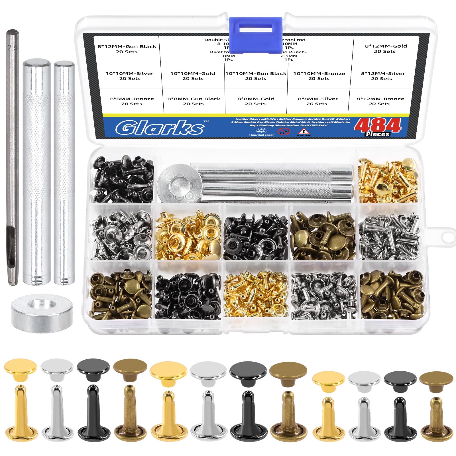 Glarks 240 Sets Leather Rivets with 4Pcs Setting Tool Kit, 4 Colors 3 Sizes Double Cap Rivets Tubular Metal Studs Leathercraft Rivets for Bags Clothing Shoes Leather Craft