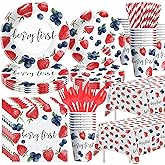 Owelleny Berry First Birthday Party Supplies for Kids, Fruit Theme Blueberry Strawberry First Birthday Party Decorations, Paper Plates, Cups, Napkins, Disposable Cutlery, Tablecloth, Serves 24