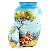 10" Large Metal Classic Cremation Beautiful Printed Urns | Cremation Ash Remains Storage Funerary Urn | Adult Human & Pet Loss Urns (Western Cowboy Blue)