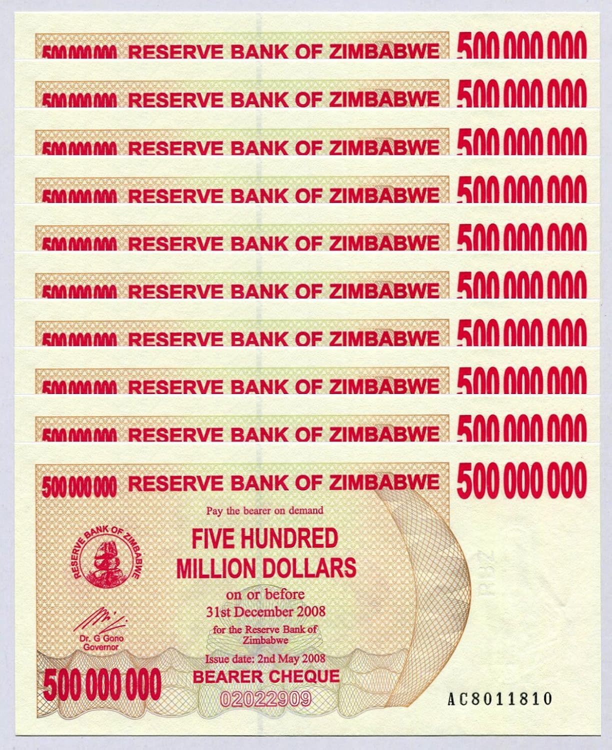 Zimbabwe 500 Million Dollars x 10 pcs 2008 P60 consecutive UNC currency bills, Multicoloured, 75x150 mm