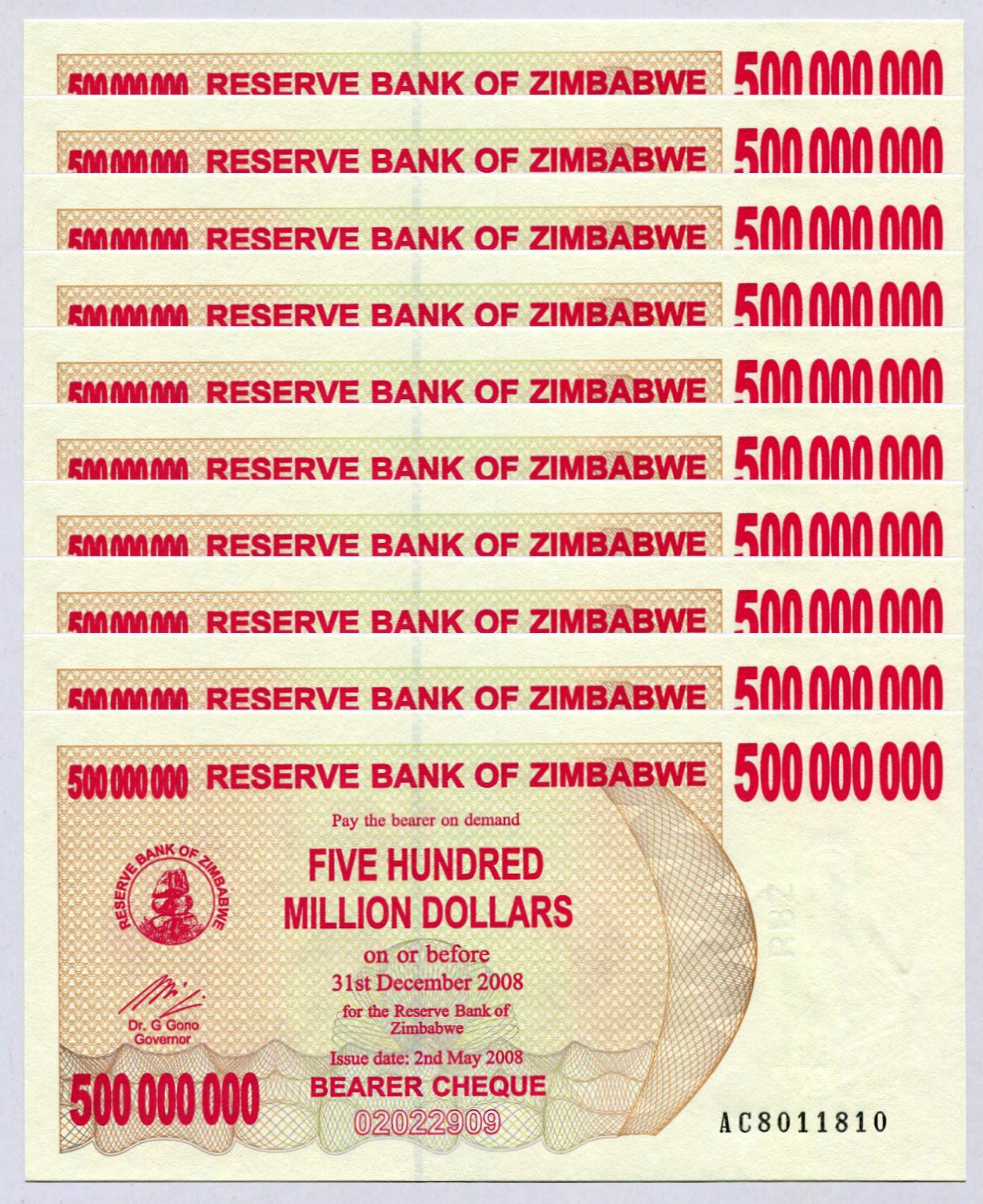 Zimbabwe 500 Million Dollars x 10 pcs 2008 P60 consecutive UNC currency bills