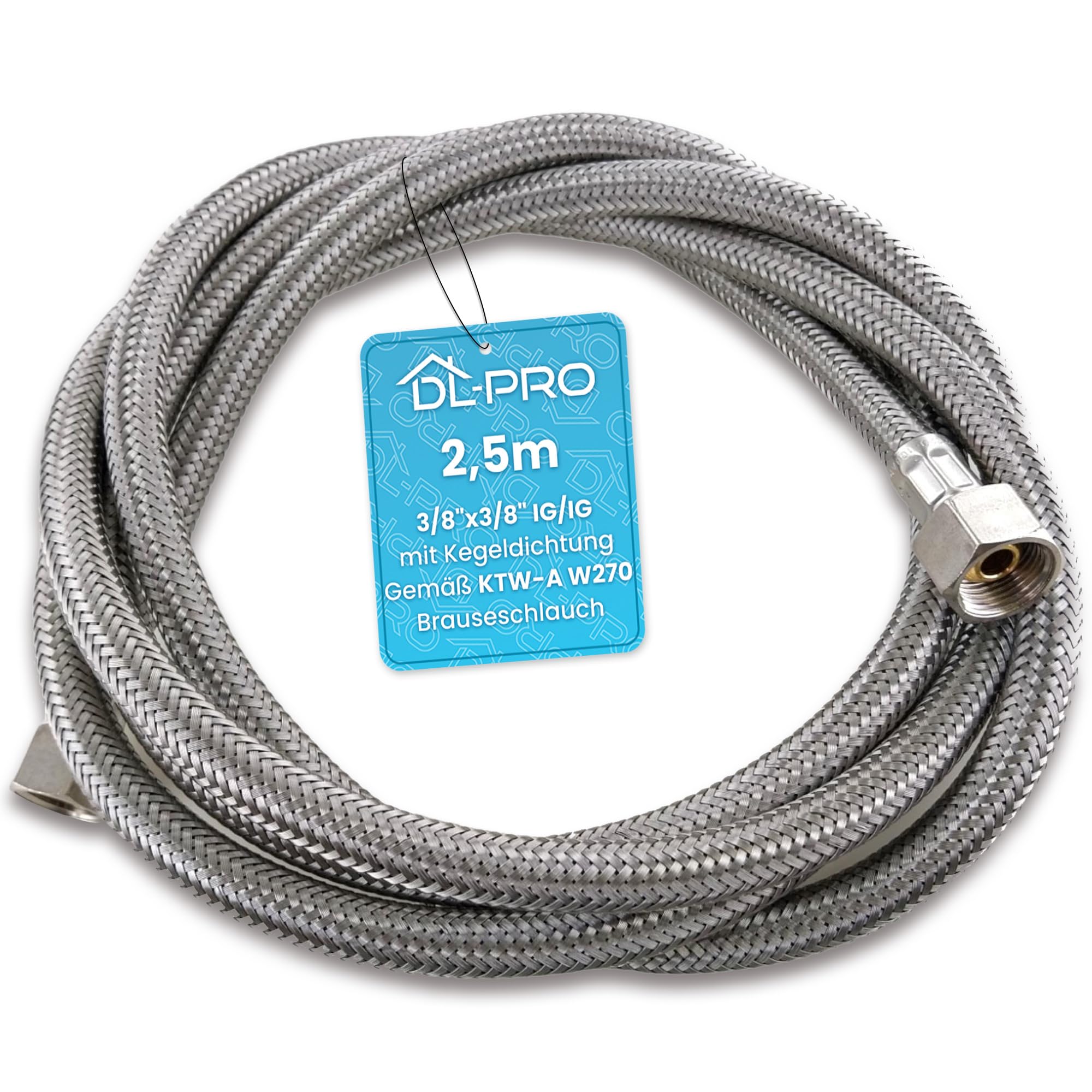 DL-pro Stainless Steel Shower Hose, 2.5 m Flexible Tubing with Seal, 3/8 x 3/8 Inch Female Thread, According to KTW-A W270, for Tap Fitting