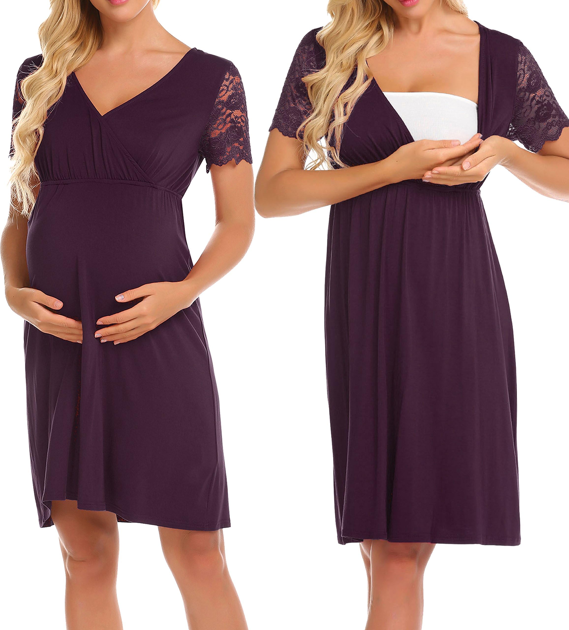 Womens Maternity Gowns Short Sleeve Nightgowns Lace Nursing Sleepwear Breastfeeding Nightshirts, S-XXL