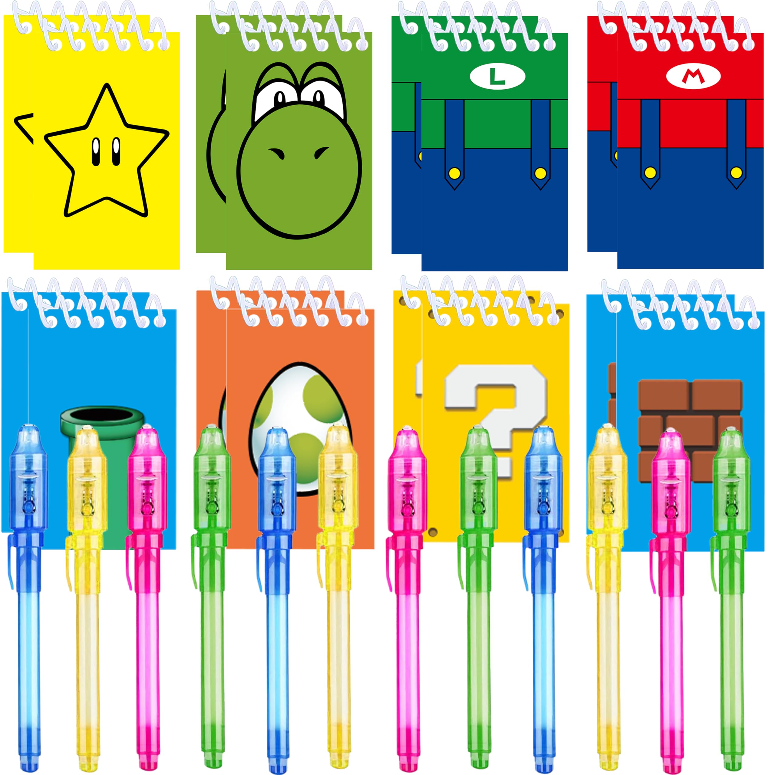 24 Pcs Super Bros Party Favors | Set of 12 Invisible Ink Pen and 12 Super Bros Mini Notepads | Gift Bag Stuffers for Super Bros Party Supplies
