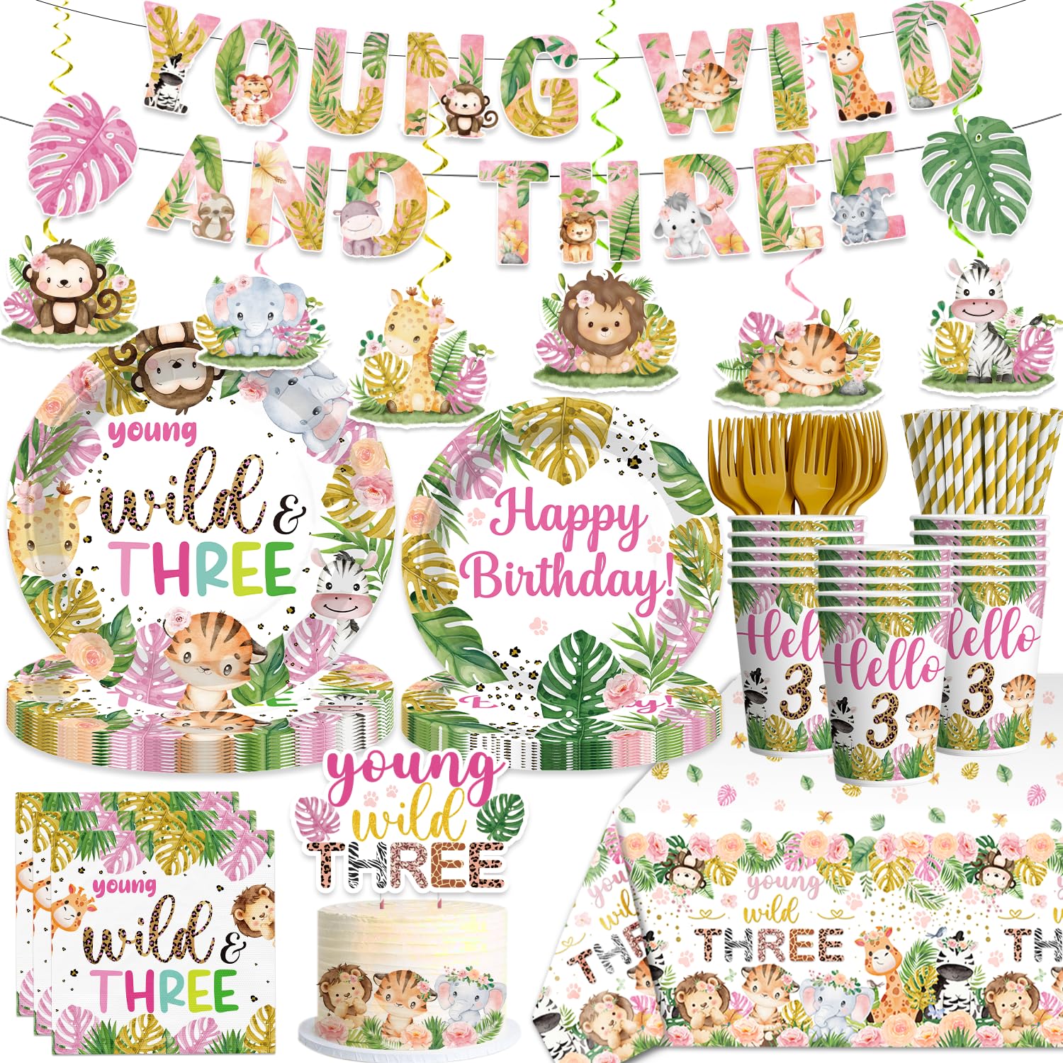 Photo 1 of 140pcs Young Wild and Three Party Decorations Plate, Safari Wild and Three Party Decorations Plate Napkins Tablecloth Banner for Jungle 3 Year Old Birthday Decorations Girl