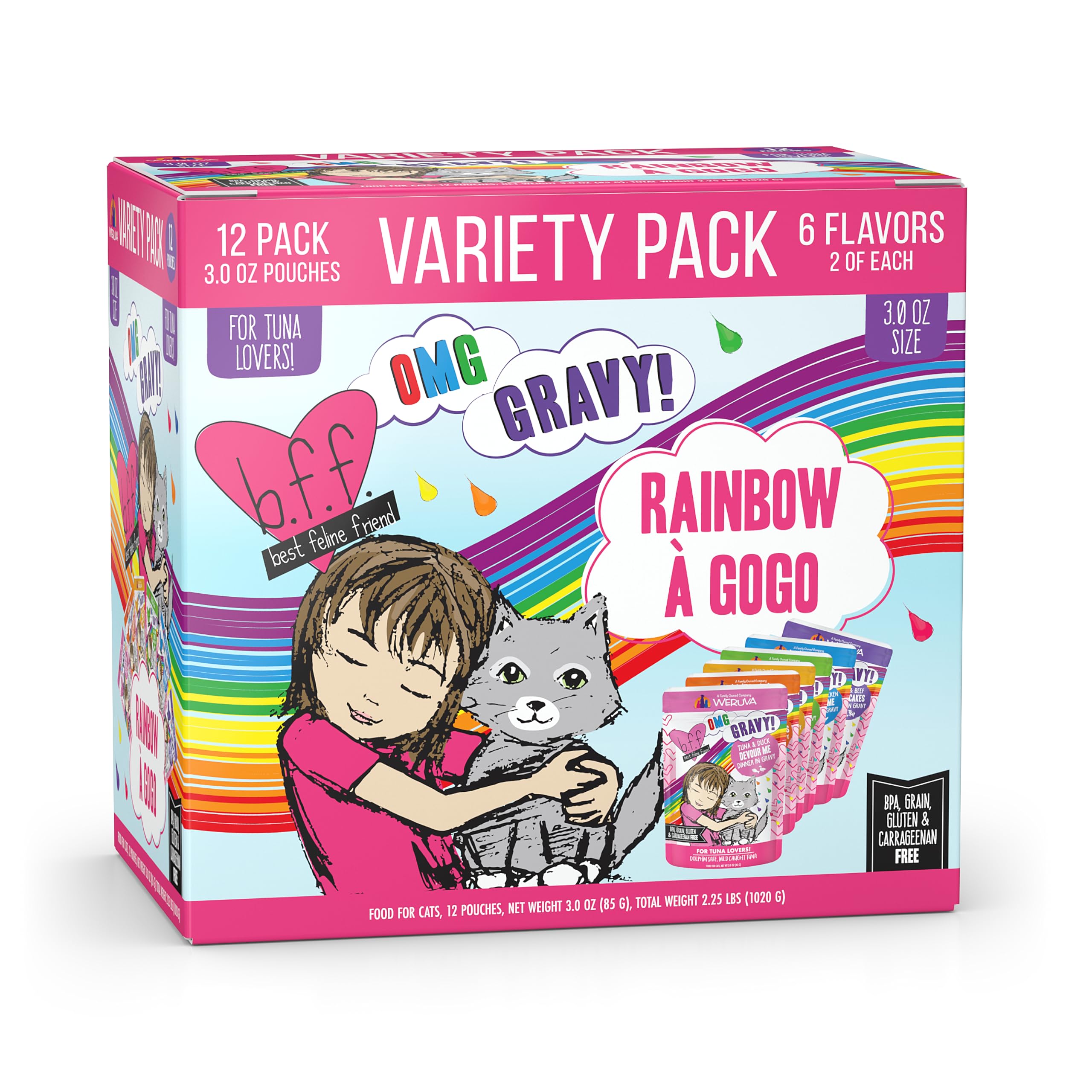 Photo 1 of Weruva B.F.F. OMG - Best Feline Friend Oh My Gravy!, Rainbow A Gogo Variety Pack! Cat Food, 3oz Pouch (Pack of 12) Best By Oct. 31, 2026