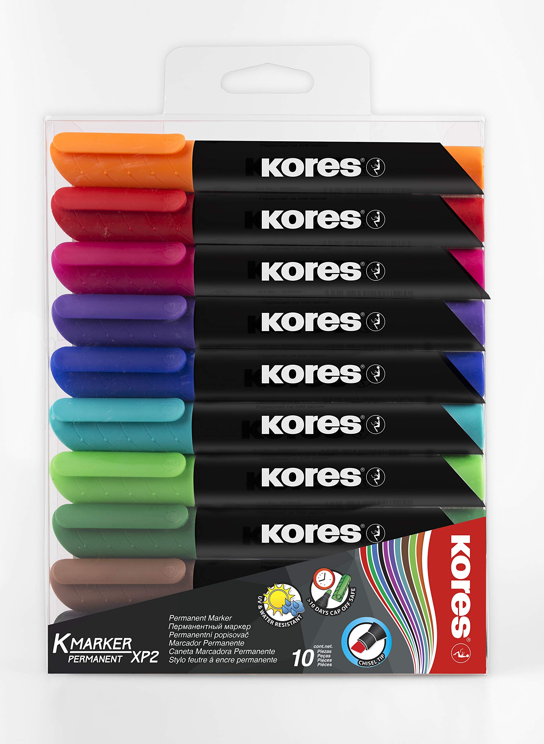 Kores - Coloured Permanent Marker Pens - K-Marker XP2, Chisel Tip with Low-Odour Ink - Waterproof Marker Pens for All Surfaces - Back to School Supplies, Office Supplies - Pack of 10