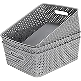 MaxGear Organization and Storage 3 Packs, Plastic Bins Organizer Bins, Woven Baskets for Storage, Plastic Baskets with Handles, Grey Basket for Organizing, Basket Organizer for Home and Office, Large