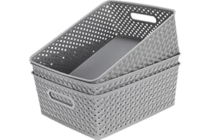 MaxGear Organization and Storage 3 Packs, Plastic Bins Organizer Bins, Woven Baskets for Storage, Plastic Baskets with Handles, Grey Basket for Organizing, Basket Organizer for Home and Office, Large