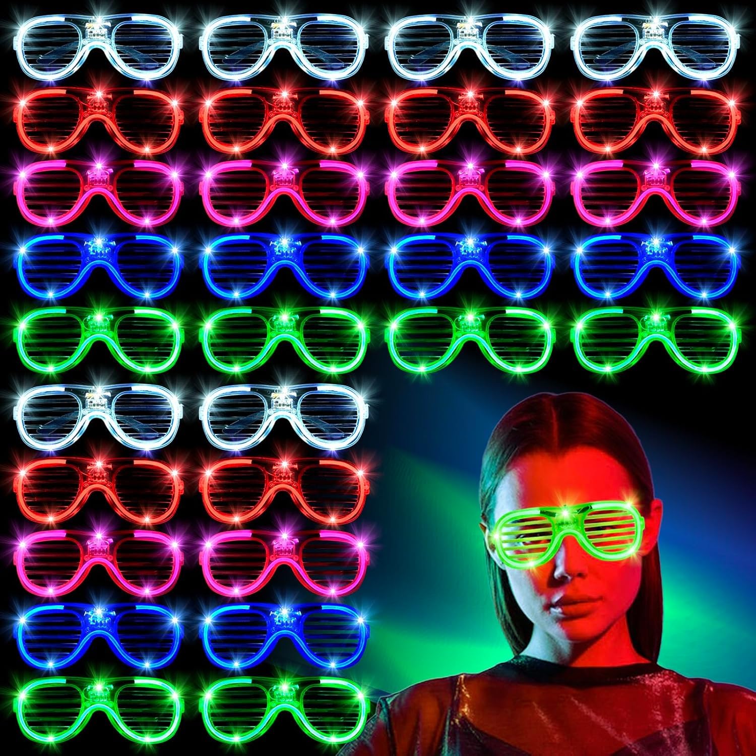 Vesmiga Neon LED Party Glasses – Light Up Glow Shutter Glasses for New Year's Eve, Christmas & Birthday Parties, Flashing Disco Rave Sunglasses for Festival, Club, Wedding Party Favors (30 Pack) — image 1