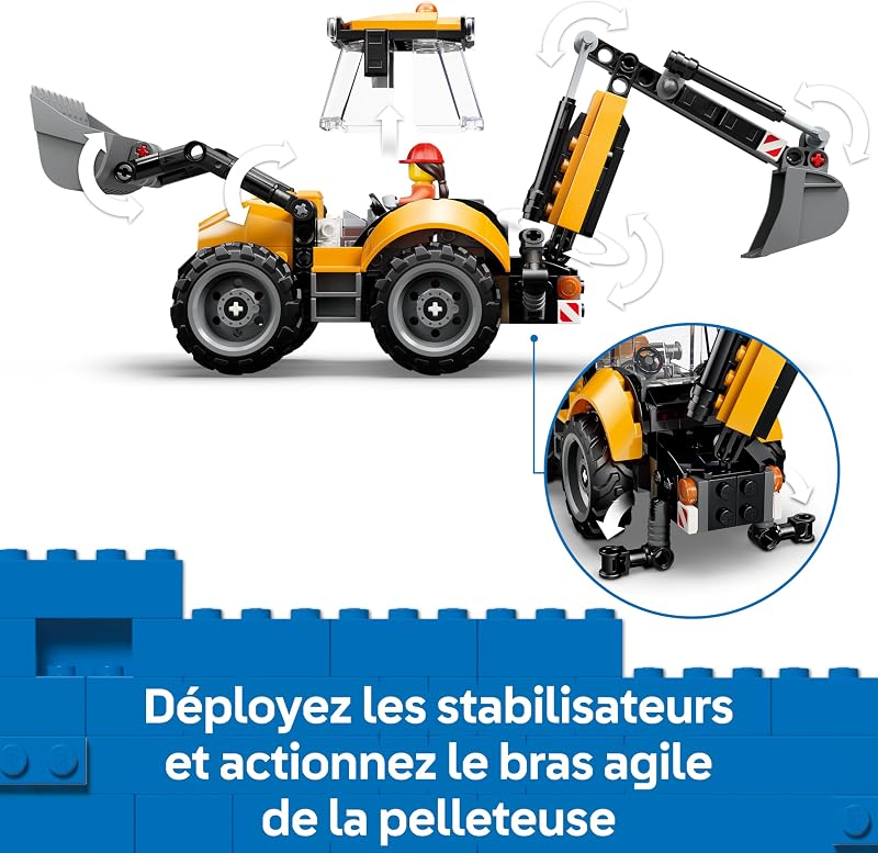 City Le Tractopelle Jaune - Camion Jouet - Véhicule de Construction - Tracteur avec 2 Minifigurines, Godet Fonctionnel Avant & Pelle Arrière - Idée Cadeau d'anniversaire pour Garçon 7 Ans 60480 — photo 5 sur 8